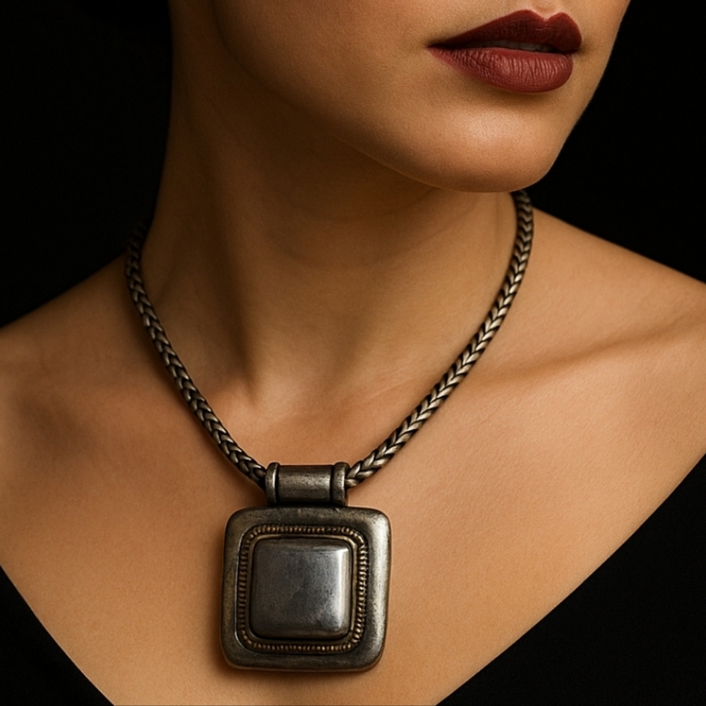 VINTAGE CHICO’S MASSIVE HEAVY SILVERTONE STATEMENT NECKLACE WITH SQUARE PENDANT